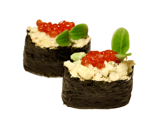 Shrimps tartare and avocado with sesame sauce, salmon caviar and crushed nuts			