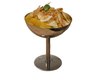 Lime cheesecake with mango-passion fruit coulis			