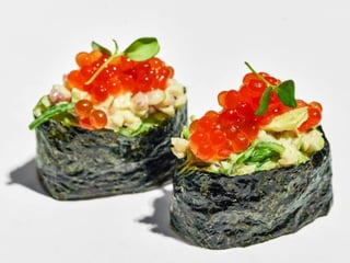 Creamy crab stick with cucumber and salmon caviar			