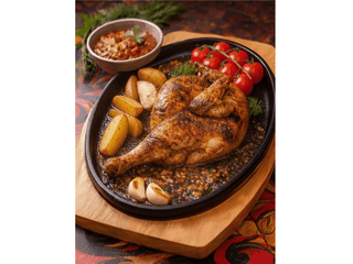 Половинка цыплёнка табака с домашней аджикой,запечённым картофелем и томатами черри