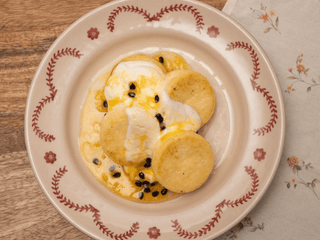 Syrniki - Cottage cheese pancakes passion fruit jam