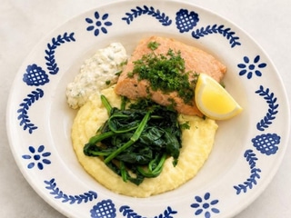 Silky salmon, wilted spinach, mashed potatoes